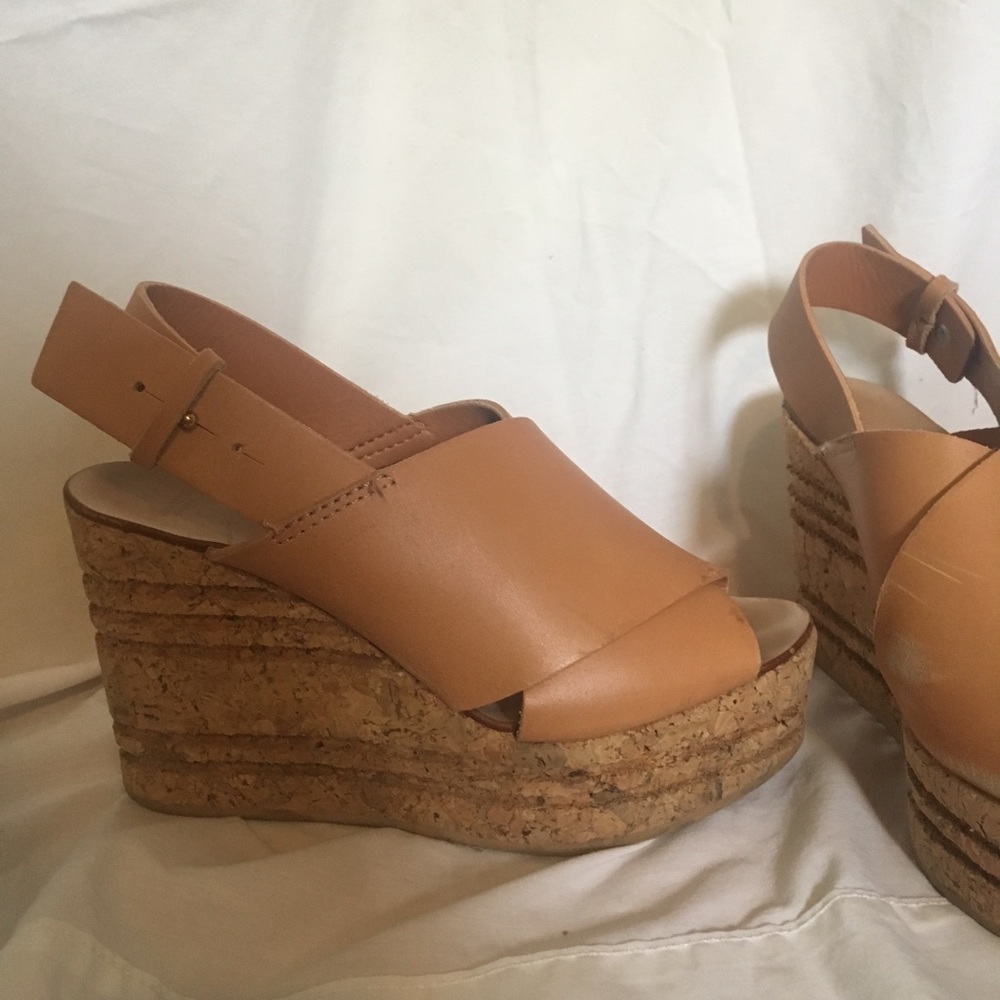 Tan cork and leather wedges